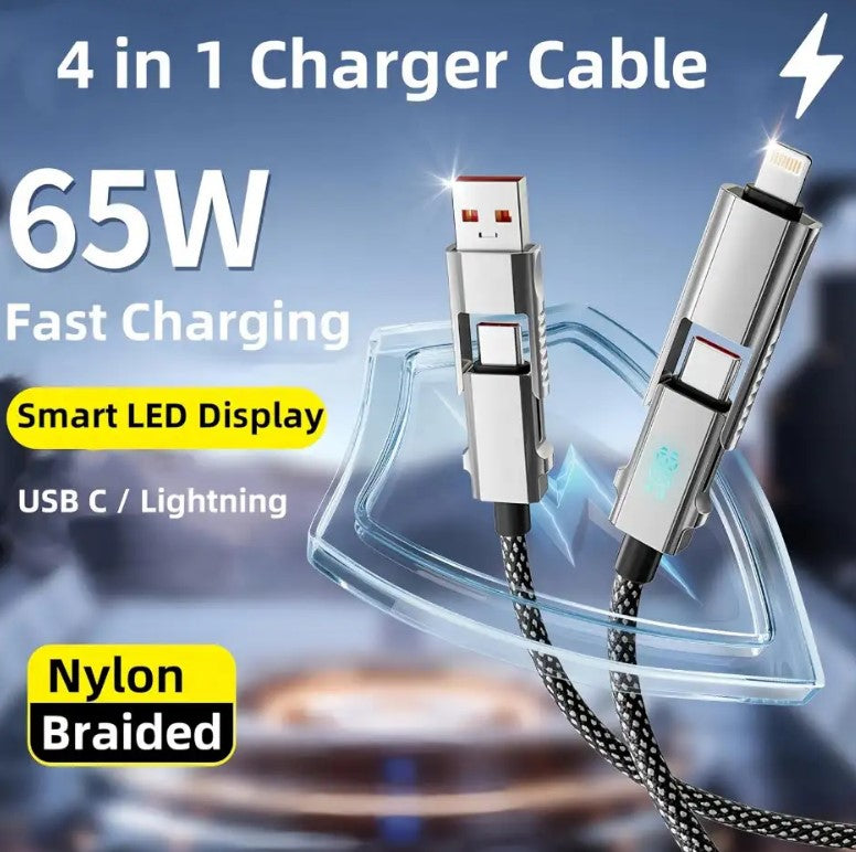 4-in-1 Fast Charging Cable with LED Display (65W