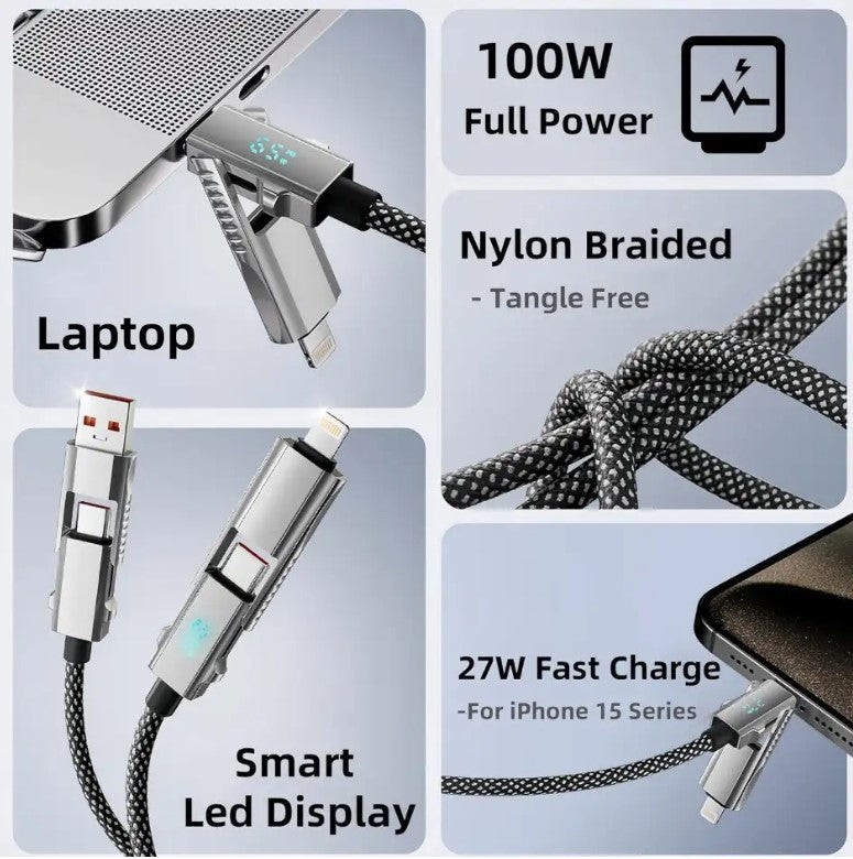 4-in-1 Fast Charging Cable with LED Display (65W
