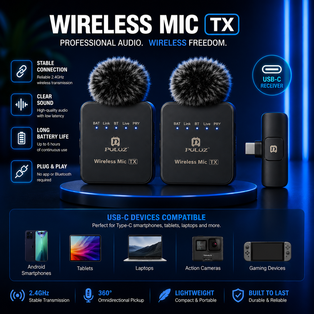 Wireless Clip-On Microphone for Type-C Phones (Dual Mic)